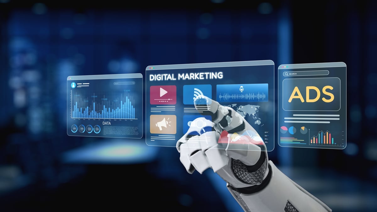 A robotic hand interacts with advanced digital marketing interfaces, showcasing analytics and advertising data in a modern workspace, highlighting technology and innovation